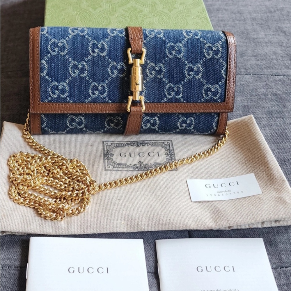 Gucci Jackie 1961 Denim GG Monogram Wallet on Chain